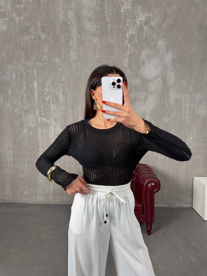 Glov Siyah Transparan Fitilli Bluz