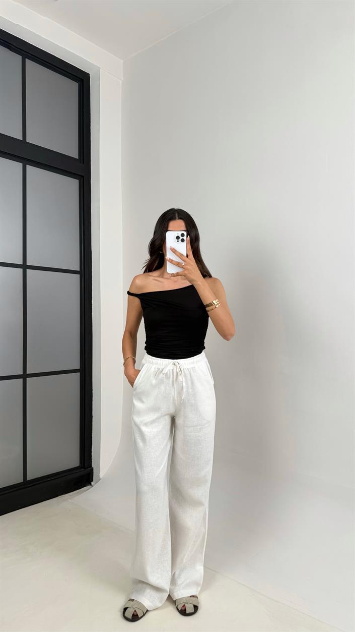 Beyaz Beli Lastikli Muadil Keten Pantolon Gaus00623
