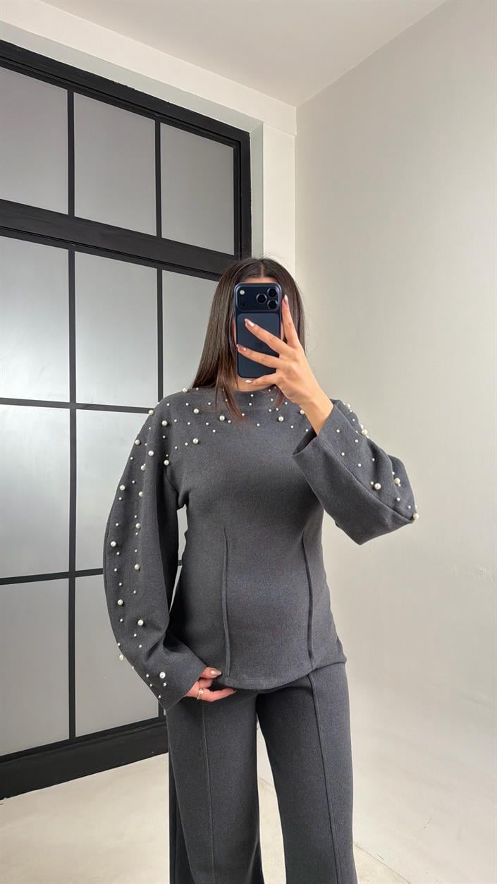 Antrasit İnci İşleme Detaylı Kazak Pantolon Selanik Triko Takım GAUS-01069