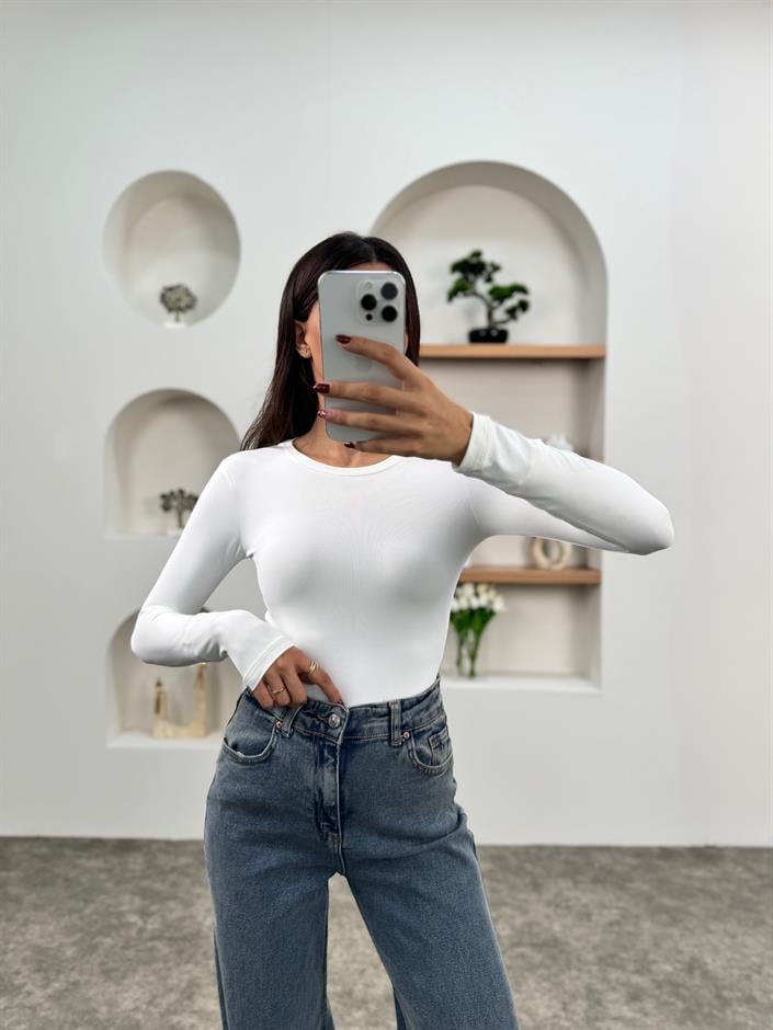 Beyaz Bisiklet Yaka Bodysuit