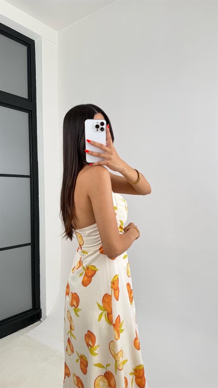 Taş Boyundan Bağlamalı Portakal Desenli Önü Düğmeli Astarlı Keten Elbise GAUS-0053