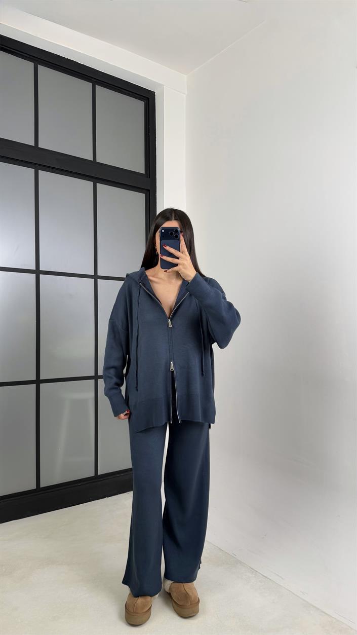 Lacivert Çift Fermuarlı Kapüşonlu Hırka Beli Lastikli Pantolon İkili Triko Takım GAUS-00676