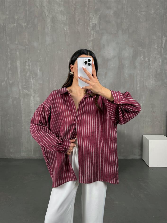 Bordo Çizgili Oversize Gömlek Gaus0004