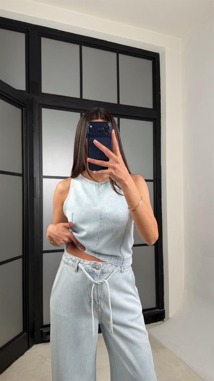 Buz Mavi Fermuarlı Bluz Beli Kuşaklı Pantolon İkili Denim Takım GAUS-01380 GAUS-01379