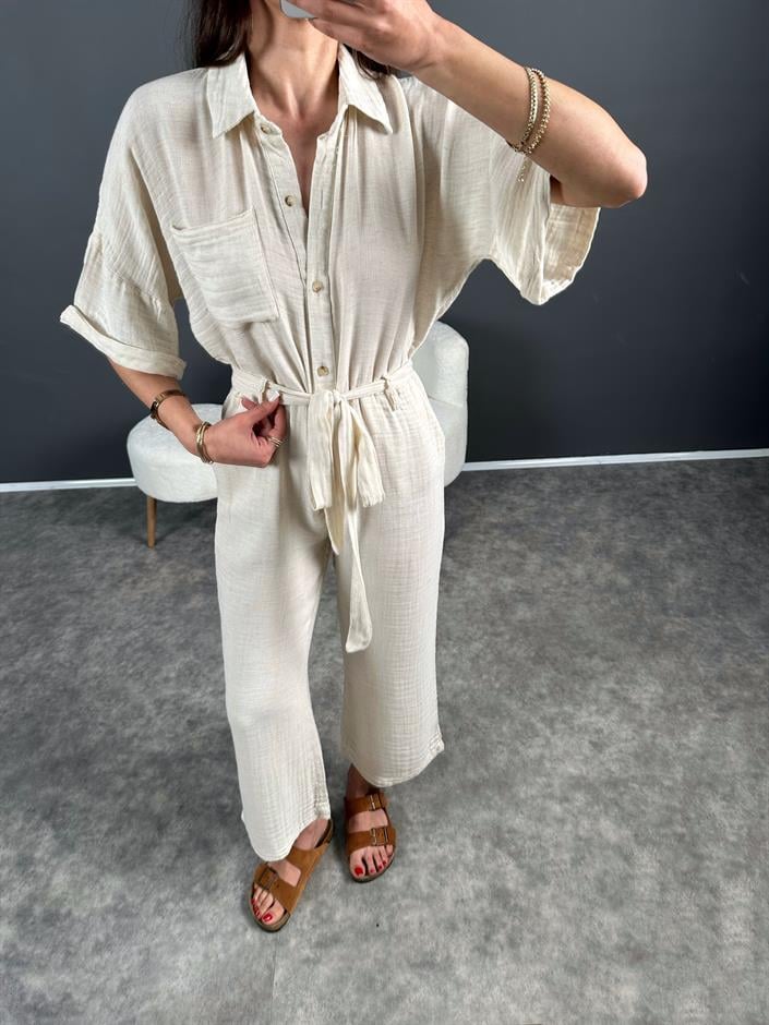 Krem Müslin Kemerli Tulum 