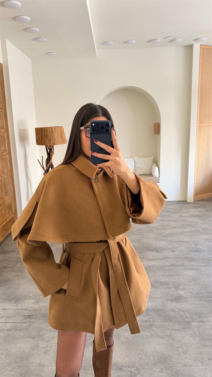 Camel Pelerin Detaylı Kuşaklı Astarlı Kaban GAUS-00727
