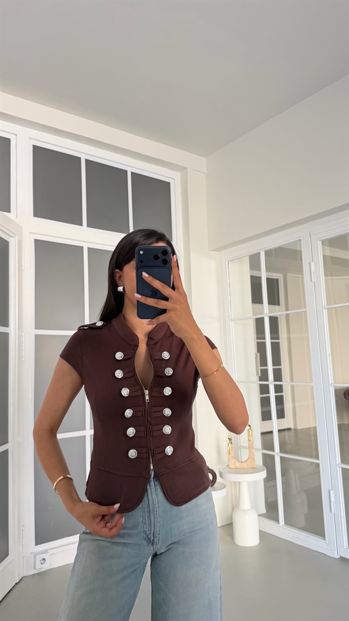 Kahve Apoletli Fermuarlı Modal Kumaş Yelek GAUS-01780