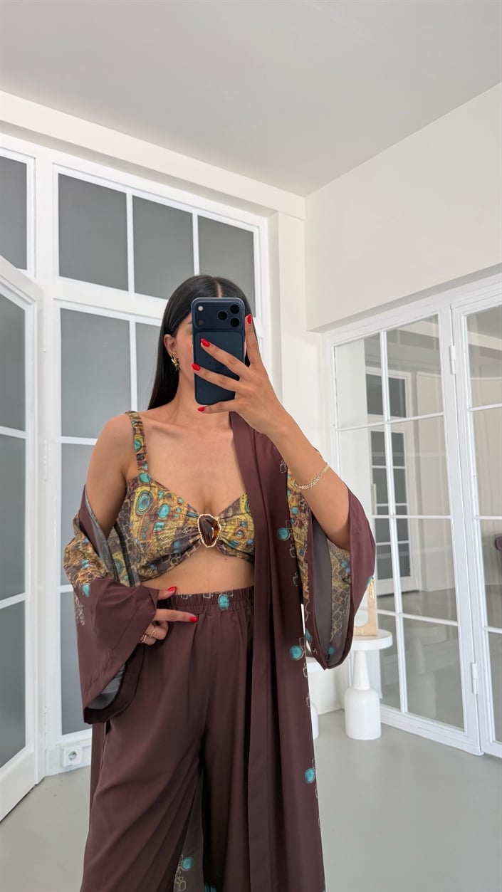 Kahve Kimono Crop Beli Lastikli Pantolon 3lü Desenli Premium Takım GAUS-01831