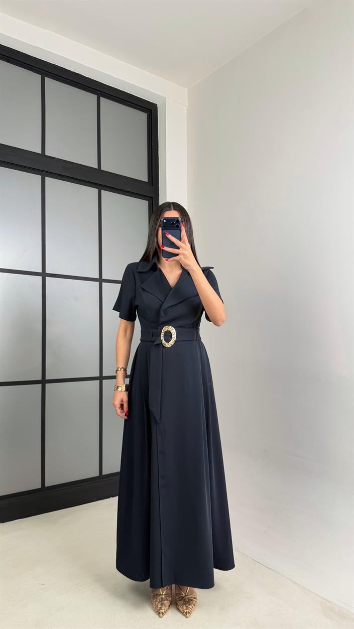 Lacivert Gold Toka Kuşaklı Krep Kumaş Uzun Elbise GAUS-00974