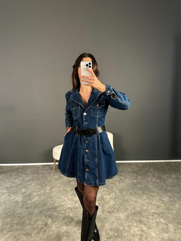 Premium Denim Kemerli Elbise 