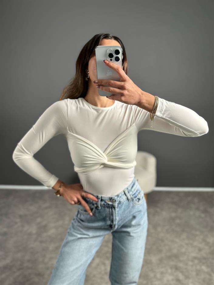 Ekru Kuşaklı Bağlamalı Bluz 