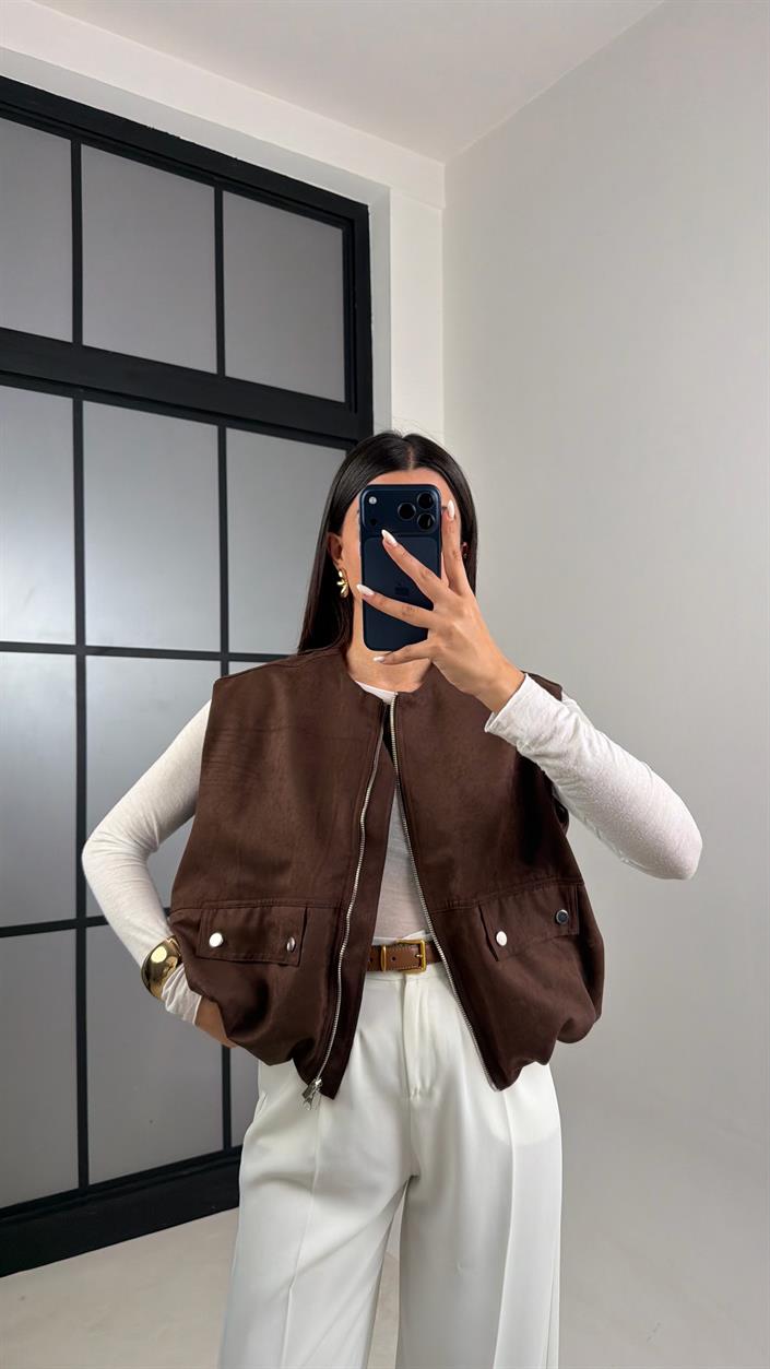 Kahve Beli Lastikli Astarlı Premium Süet Yelek GAUS-00637