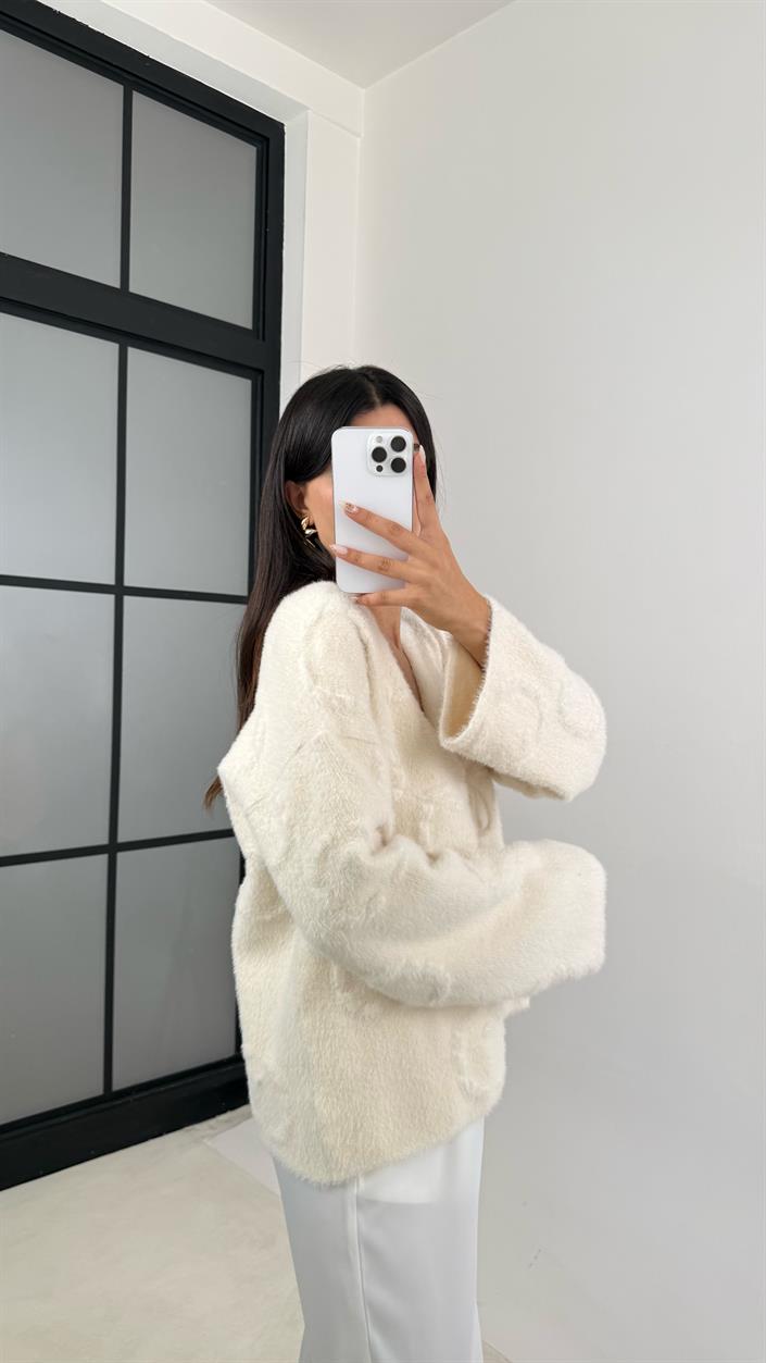 Ekru Önü Bağlamalı Premium Sakallı Hırka GAUS-0092