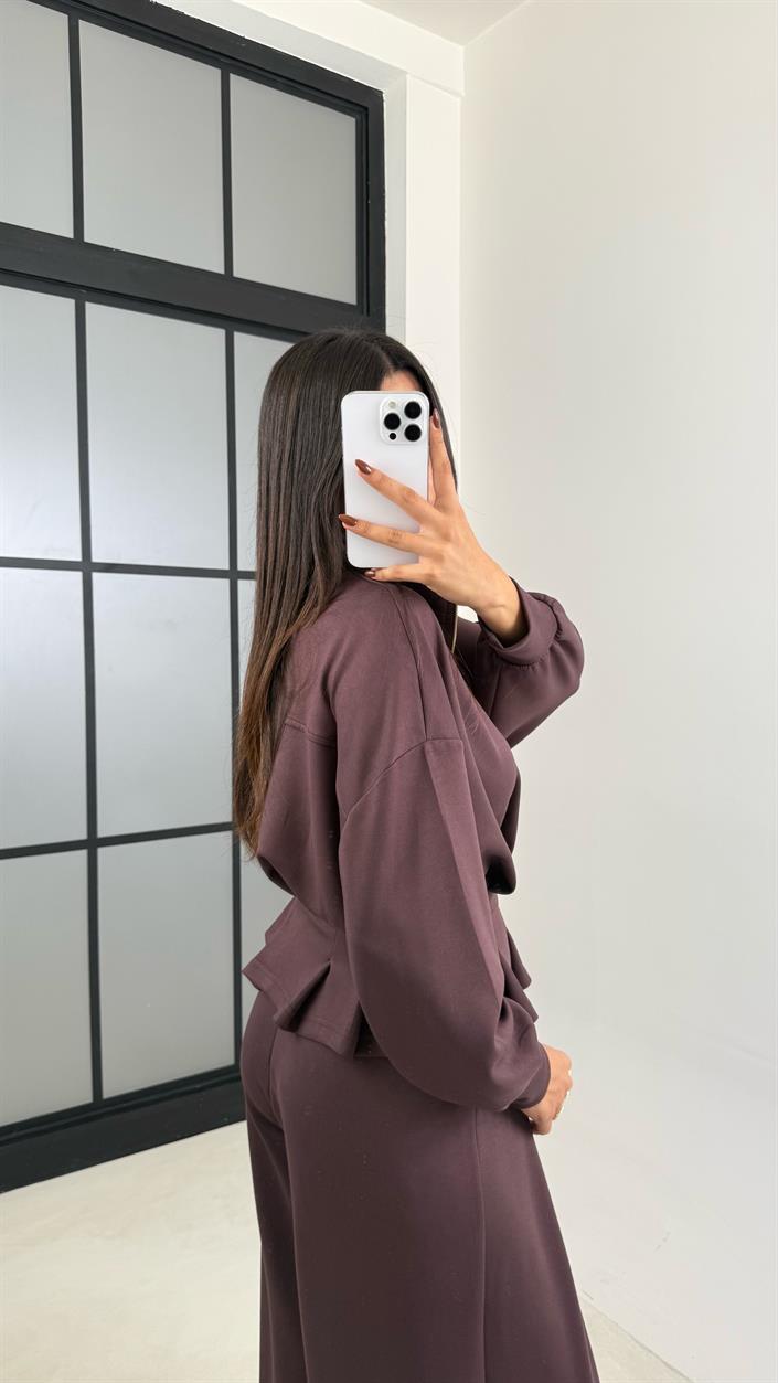 Acı Kahve Kemer Detaylı Hırka Beli Lastikli Geniş Paça Pantolon Modal Takım GAUS-00188