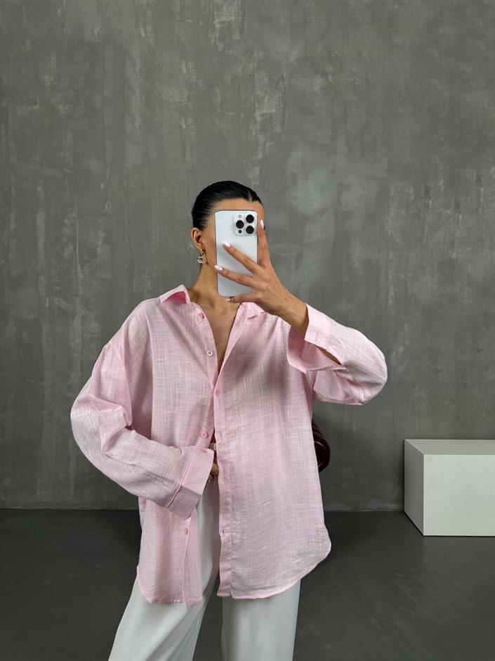 Pembe Keten Karışımlı Kareli Gömlek Gaus00025