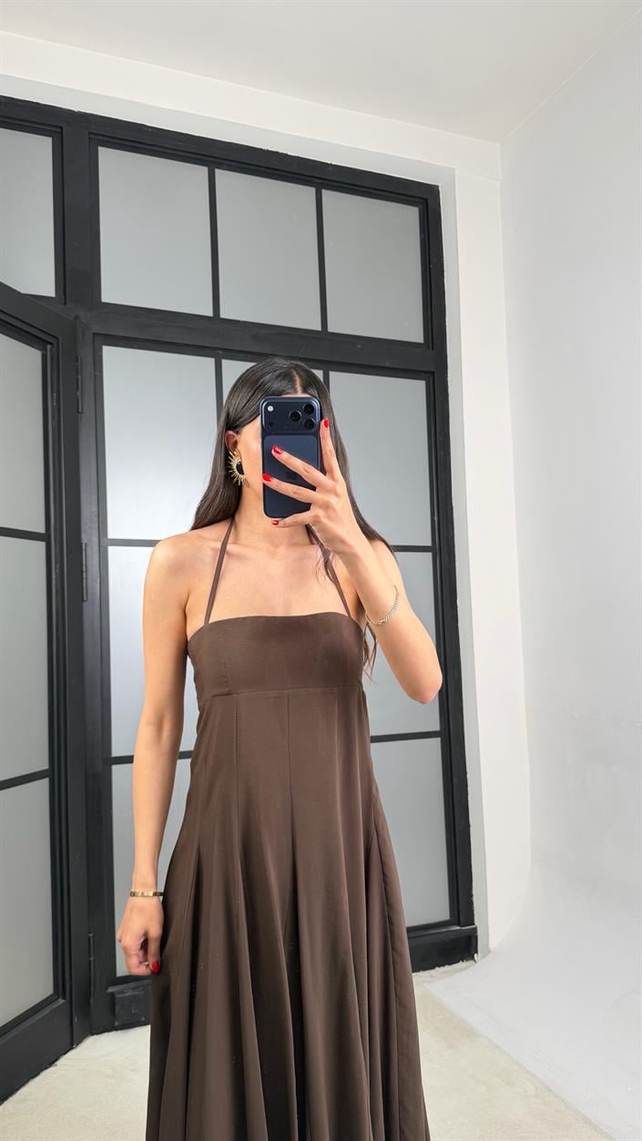 Acı Kahve Boyundan Bağlamalı Tencel Elbise GAUS-01516