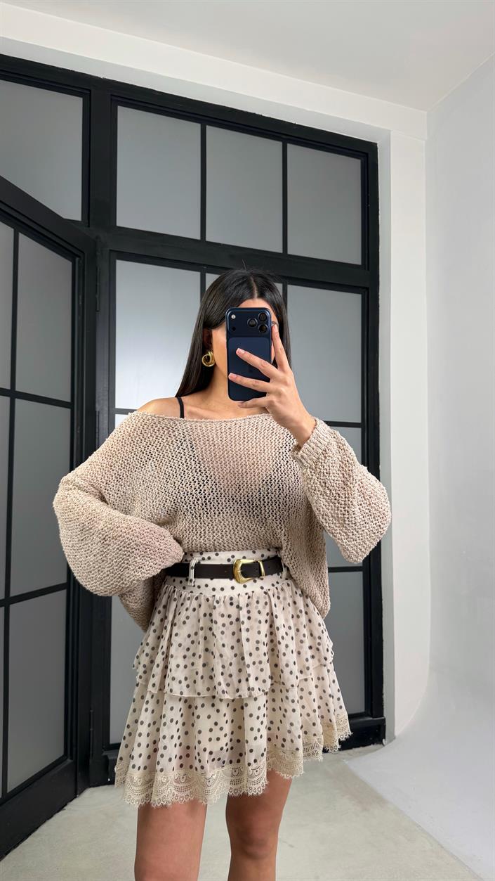 Taş Kemerli Katlı Puantiye Desenli Etek PNY07 GAUS-01322