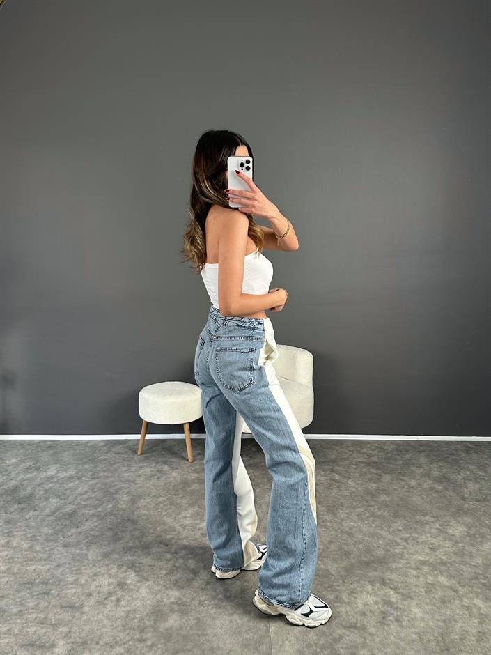 Premium Beyaz Jean Şerit Detaylı Pantolon 