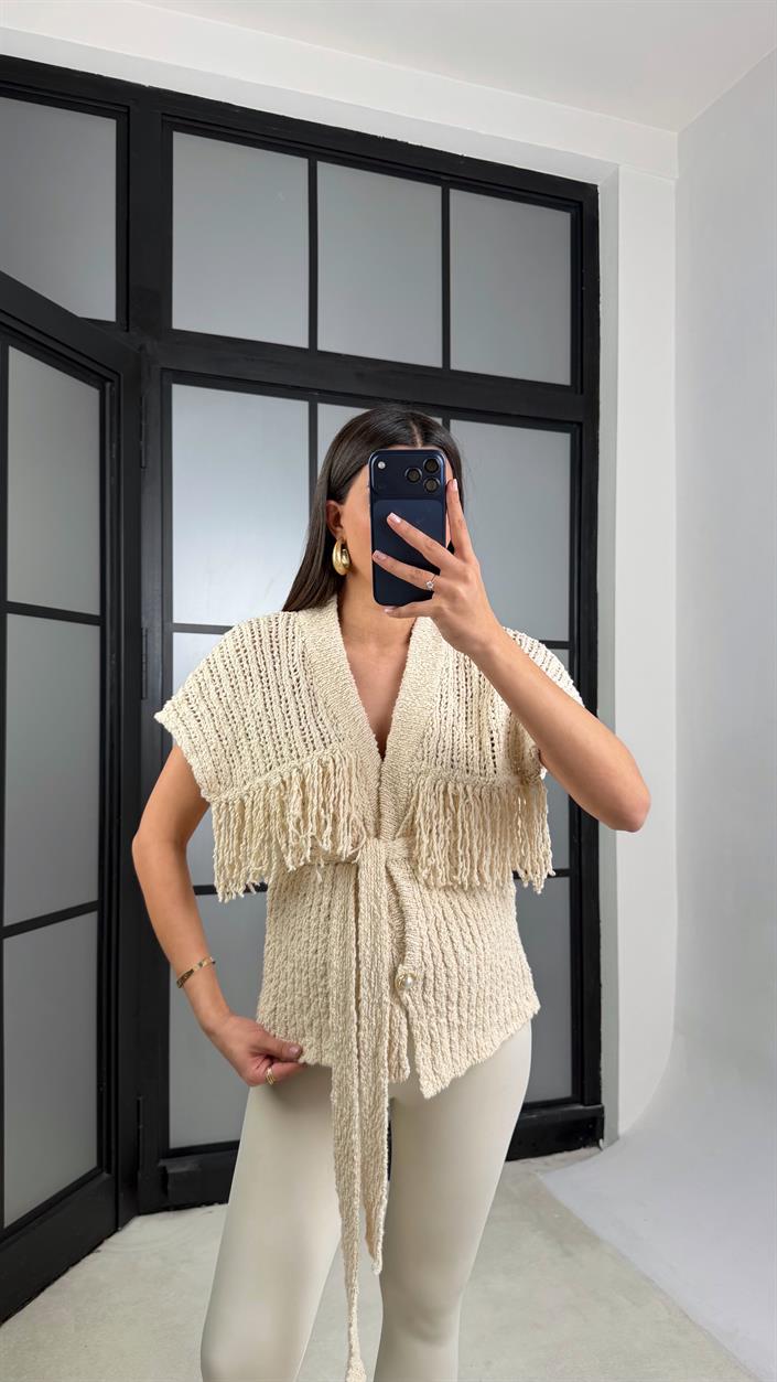 Taş Püsküllü Kuşaklı Triko Yelek GAUS-01193