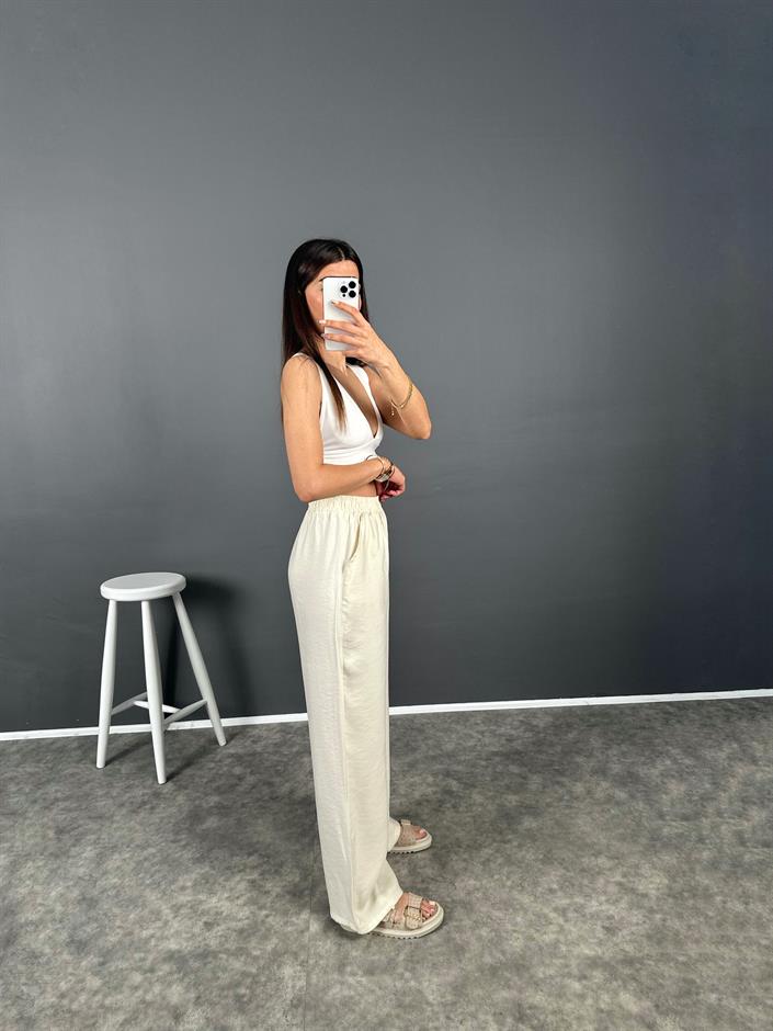 Allda Ekru İthal Kumaş Beli Lastikli Pantolon 