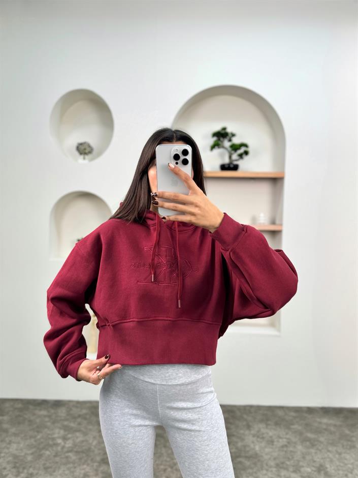 Jime Bordo Muadil Crop Kapüşonlu  Şardonlu Sweatshirt