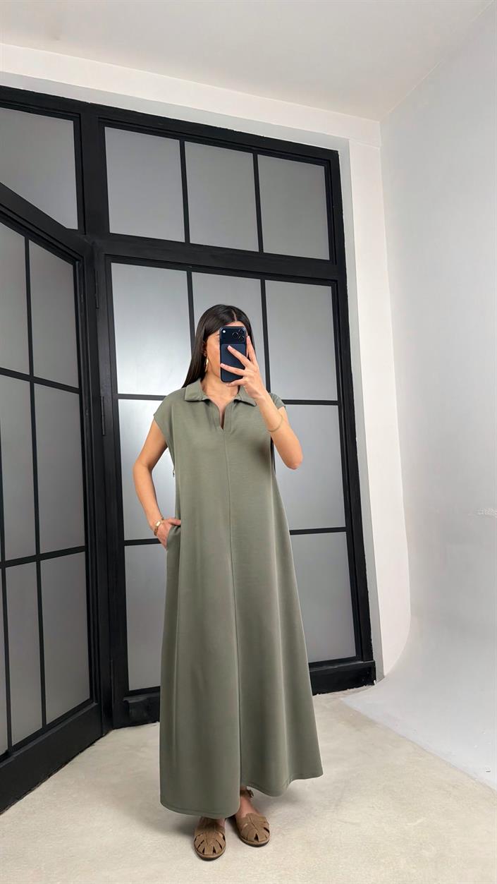 Haki MD Muadil Polo Yaka Cepli Basic Elbise GAUS-01330