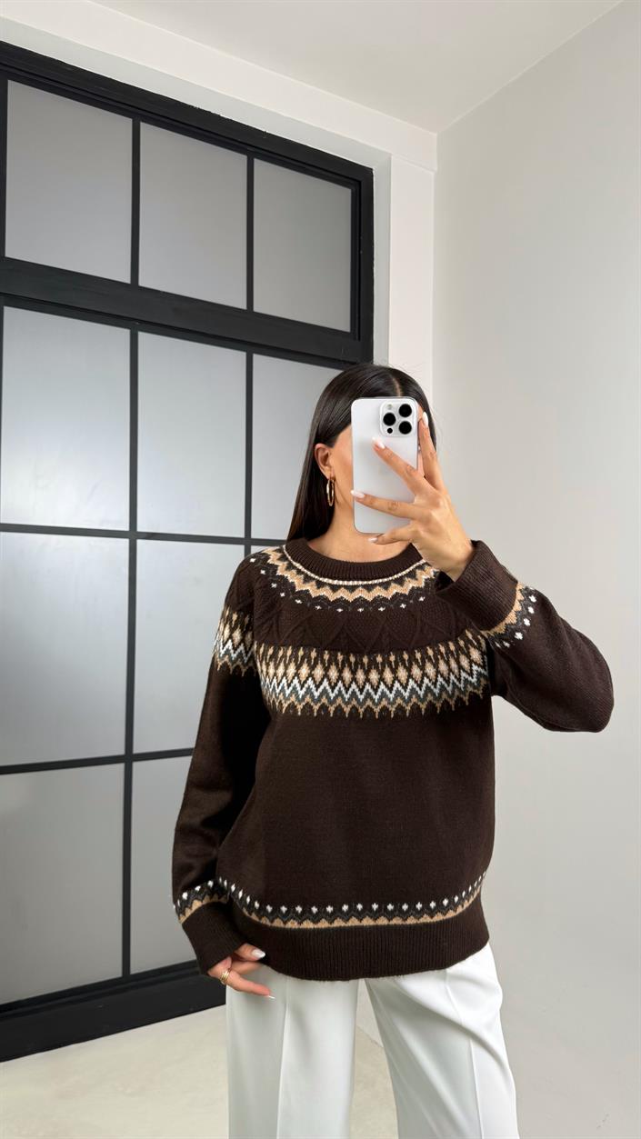 Acı Kahve Desenli Vintage Triko Kazak GAUS-00494