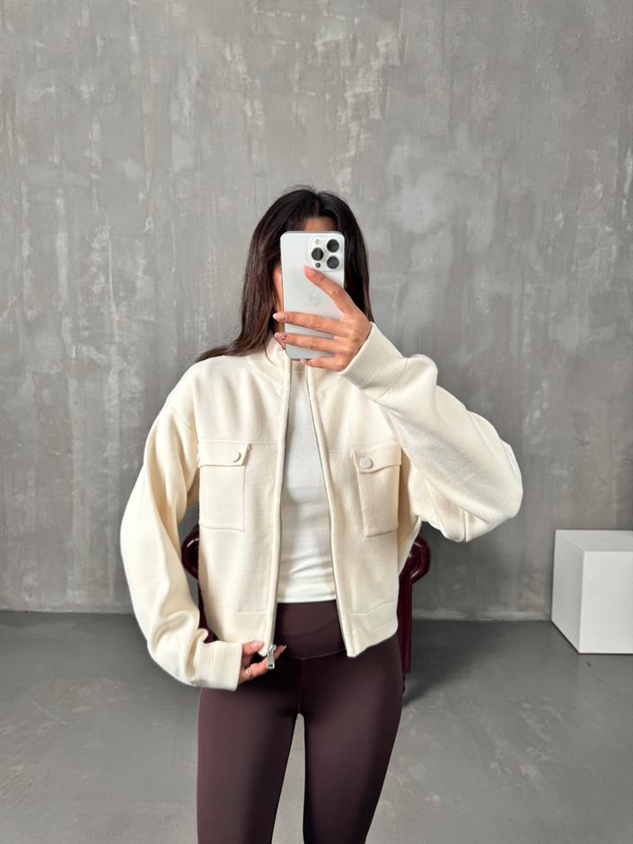 Luvi Krem Fermuarlı Triko Ceket 