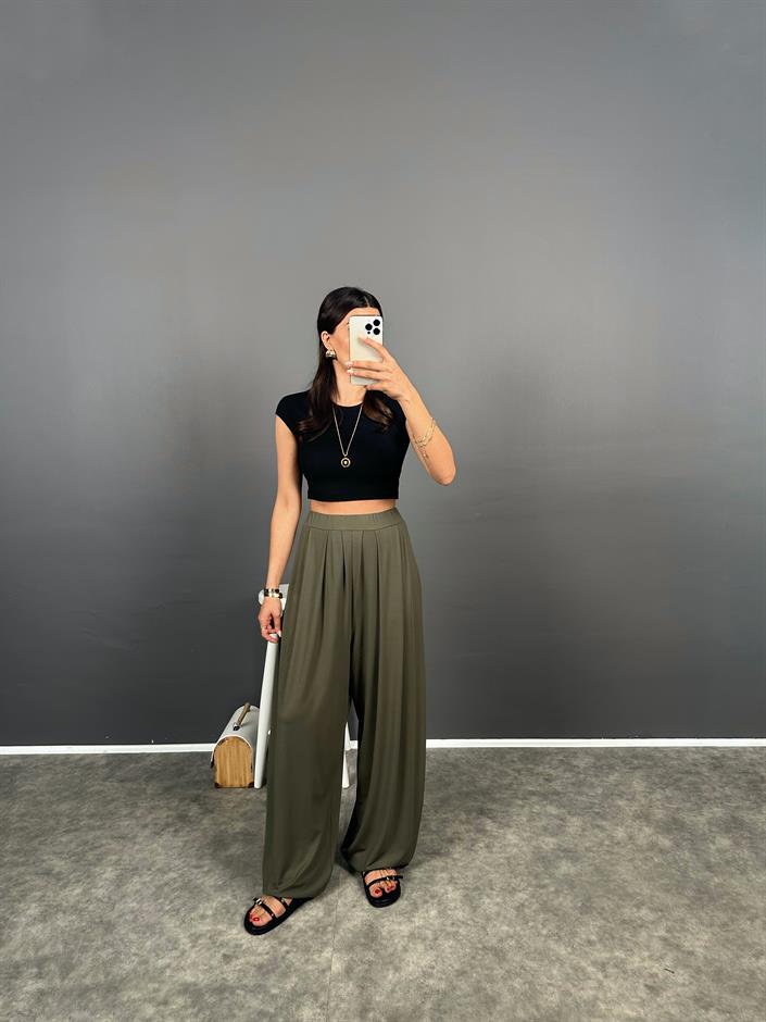 Brulle Haki Rahat Kesim Modal Dokuma Şalvar Pantolon