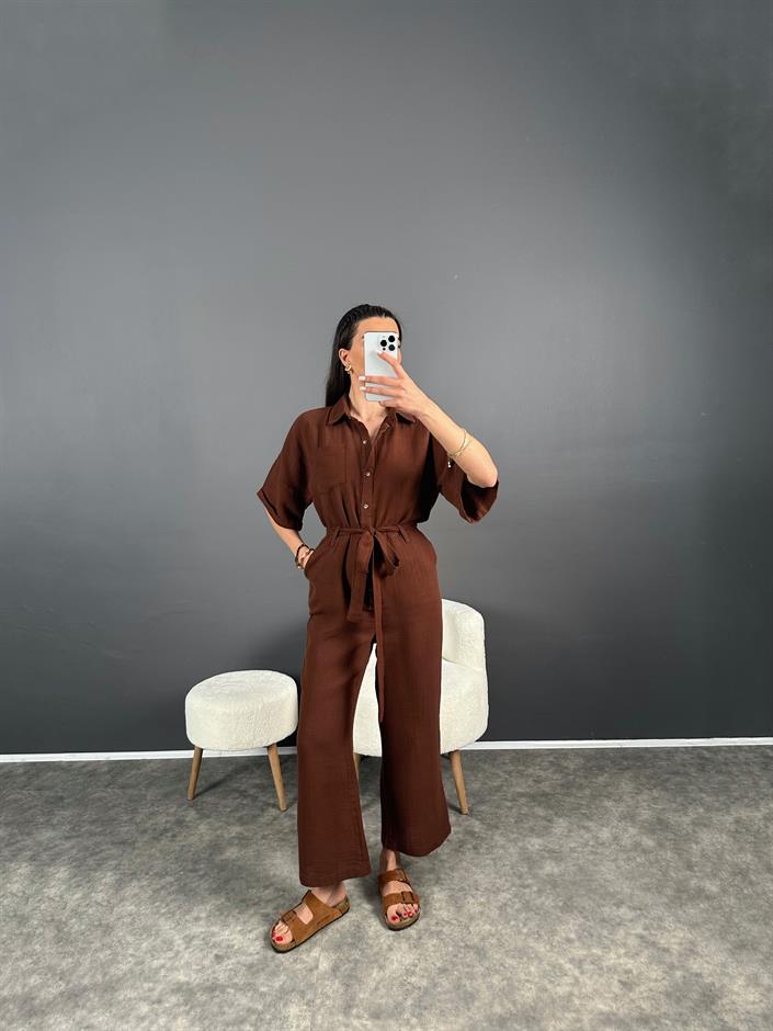 Kahverengi Müslin Kemerli Tulum