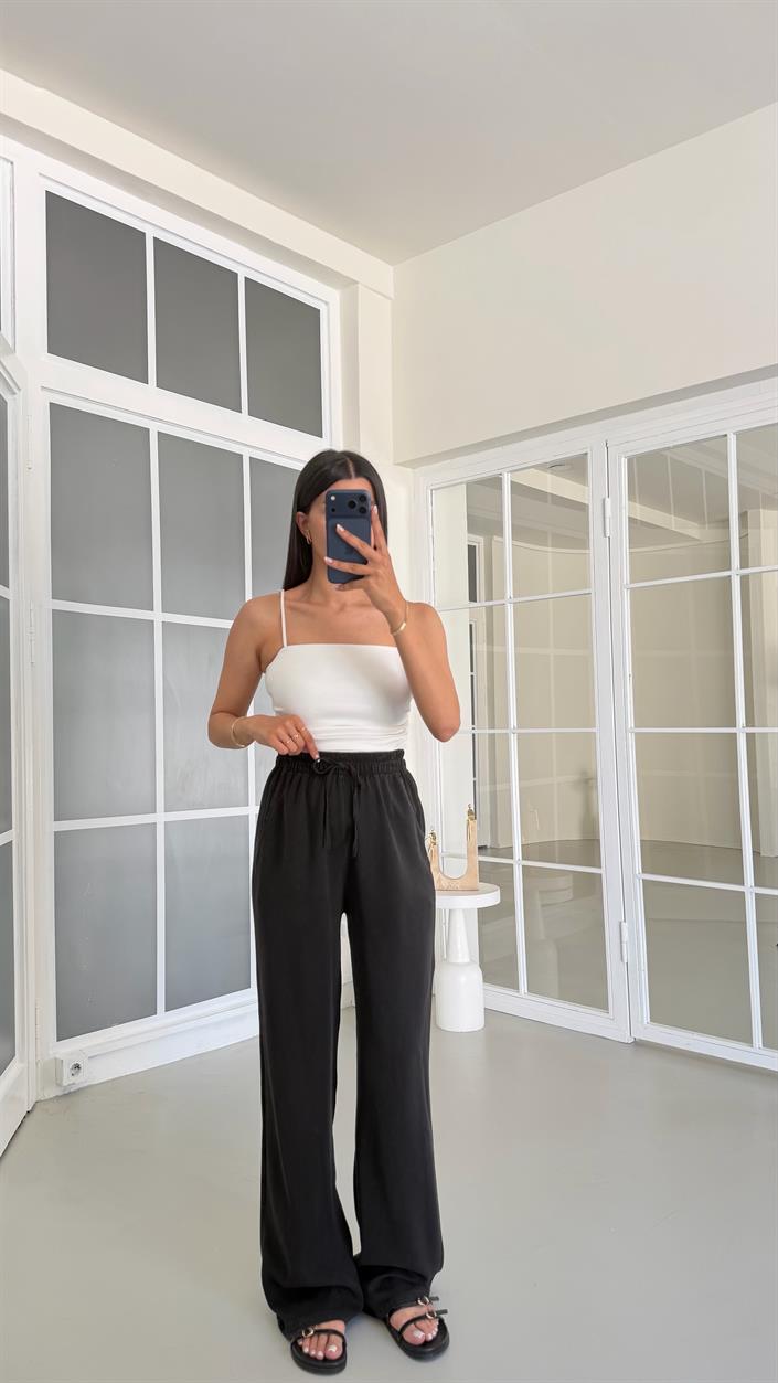 Siyah Yıkamalı Beli Lastikli Tencel Pantolon GAUS-01678