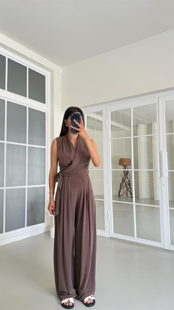 Kahve OYS Model Bağlama Detaylı Bluz Beli Lastikli Pantolon İkili Modal Takım GAUS-01662