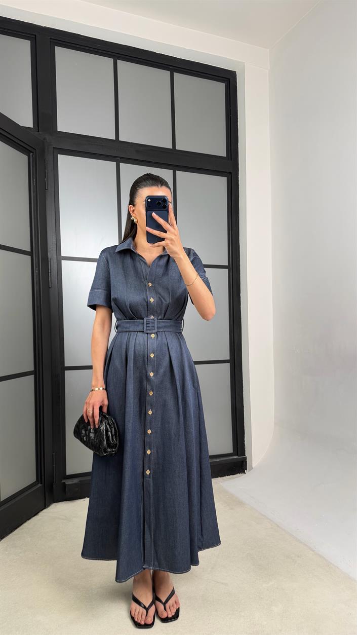 Lacivert Kemerli Tencel Denim Premium Elbise GAUS-01452