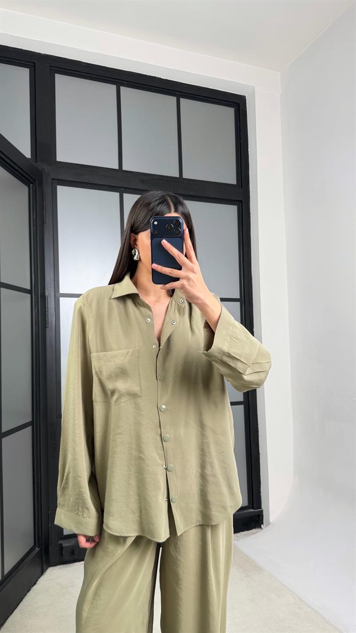 Yeşil Vatkalı Gömlek Kemerli Pantolon İkili Tencel Takım GAUS-01319