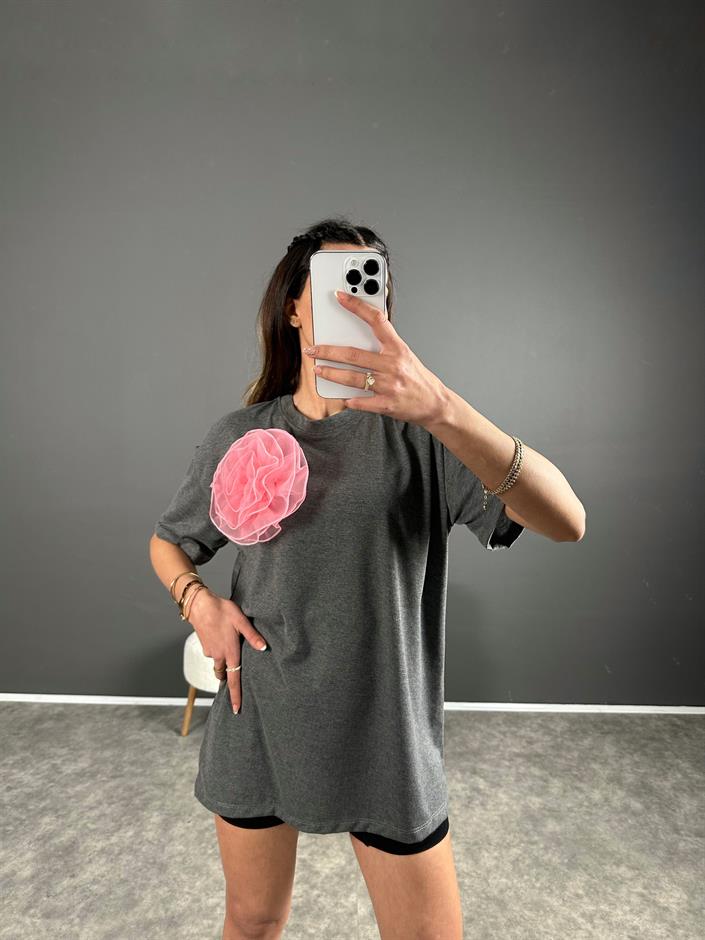 Gri Pembe Çiçekli Basic Tshirt
