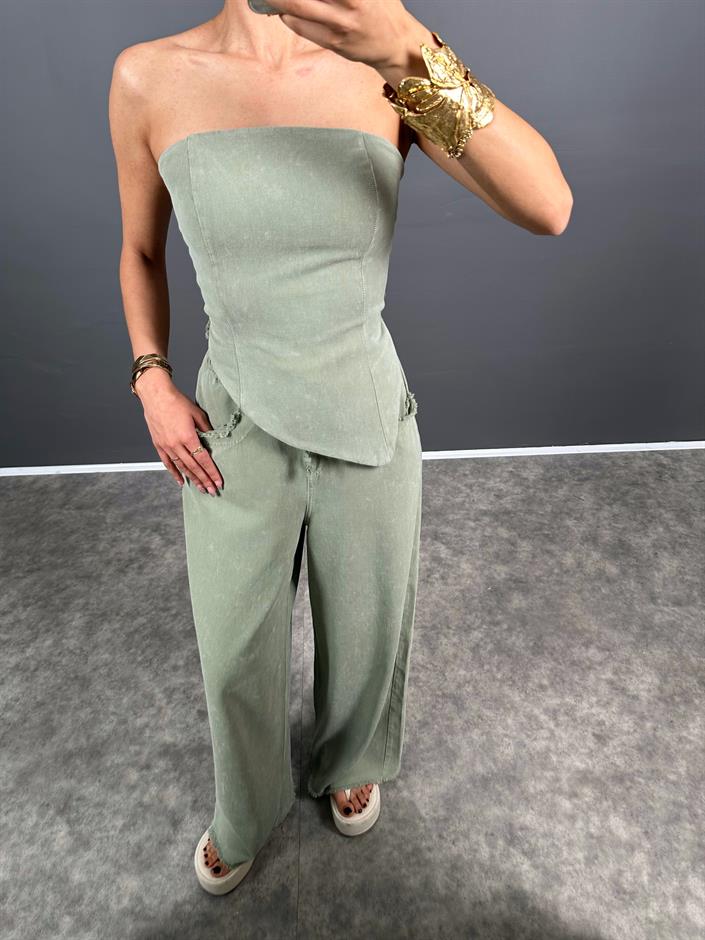 Spino Haki Yeşil Gabardin Crop Bol Paça Pantolon Takım