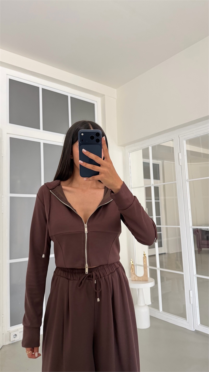 Kahve Kapüşonlu Hırka Beli Lastikli Geniş Paça Pantolon İkili OYS Modal Kumaş Takım GAUS-02152