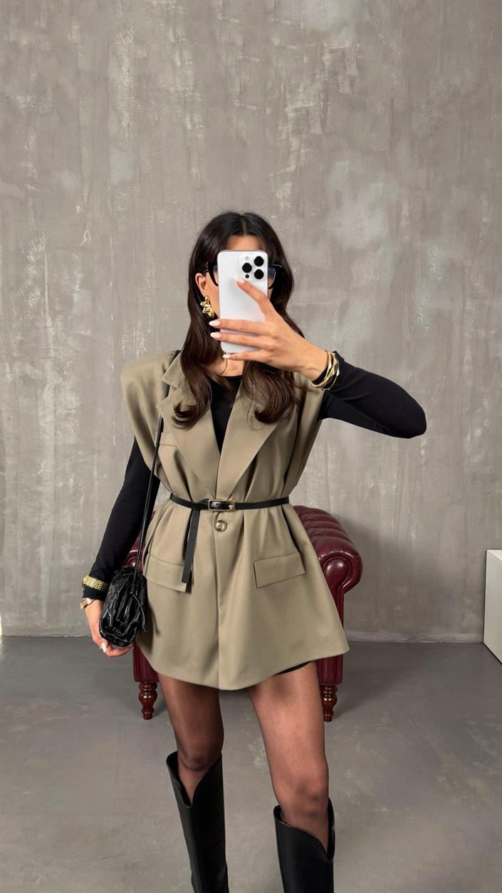 Haki Astarlı Vatkalı Kemerli Premium Yelek GAUS-01139