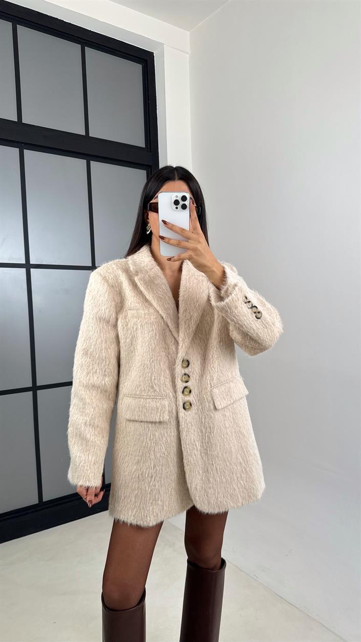 Ekru Astarlı Vatkalı Keçe Kumaş Blazer Ceket GAUS-00225