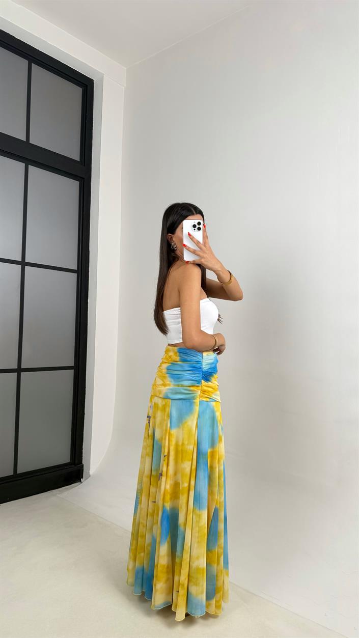 Sarı Çok Renkli Desenli Drape Detaylı Astarlı Şifon Etek GAUS-0023