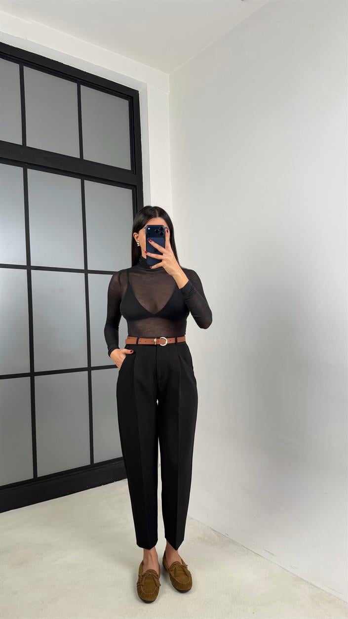 Siyah Kemerli Kumaş Pantolon GAUS-00730