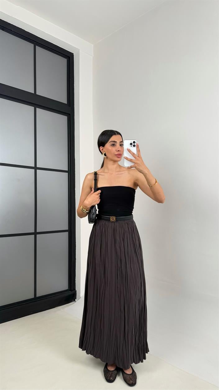Kahve Kırışık Kumaş Maxi Boy Tencel Etek Gaus00552