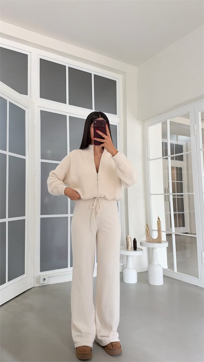 Krem Çift Fermuarlı Hırka Beli Lastikli Pantolon İkili Yumuşak Kumaş Premium Takım GAUS-02303