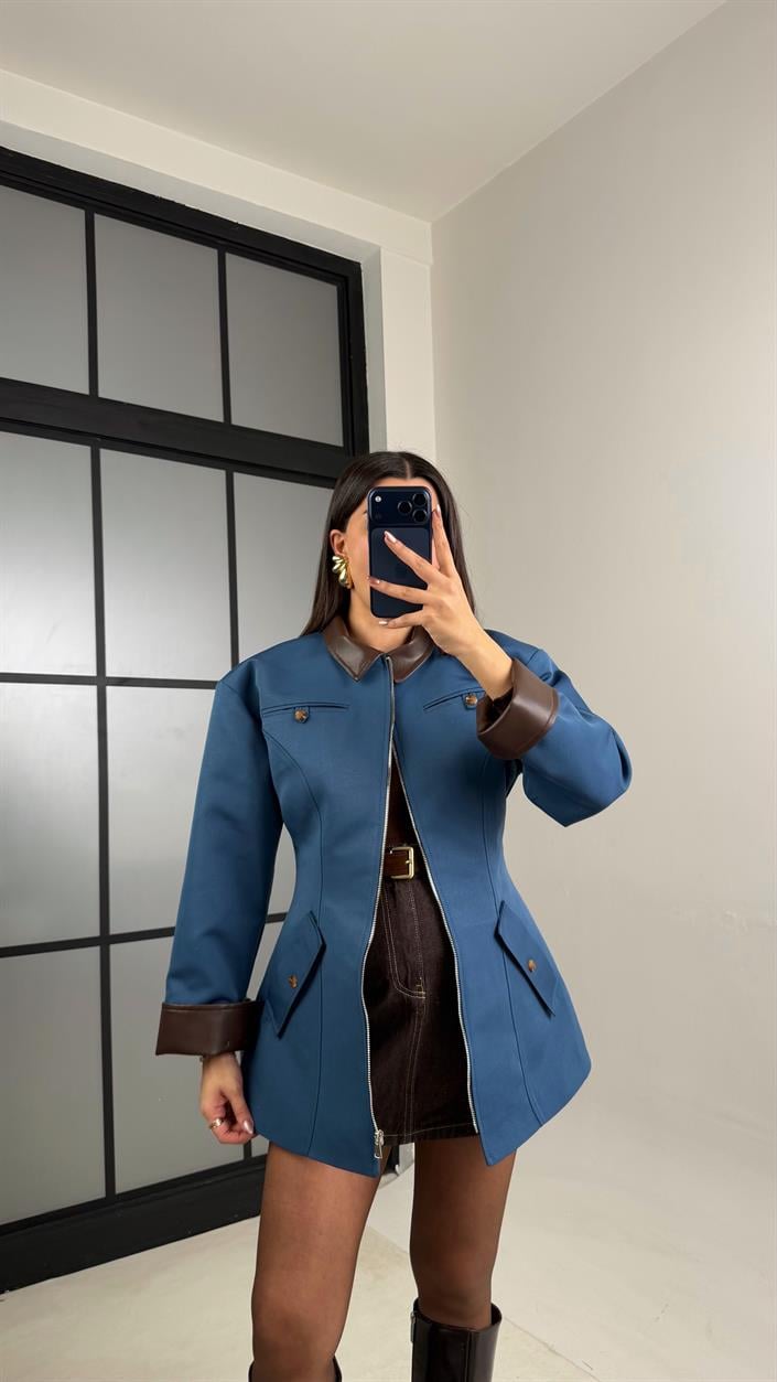 Mavi Deri Yaka Detaylı Astarlı Vatkalı Premium Ceket gaus-01027