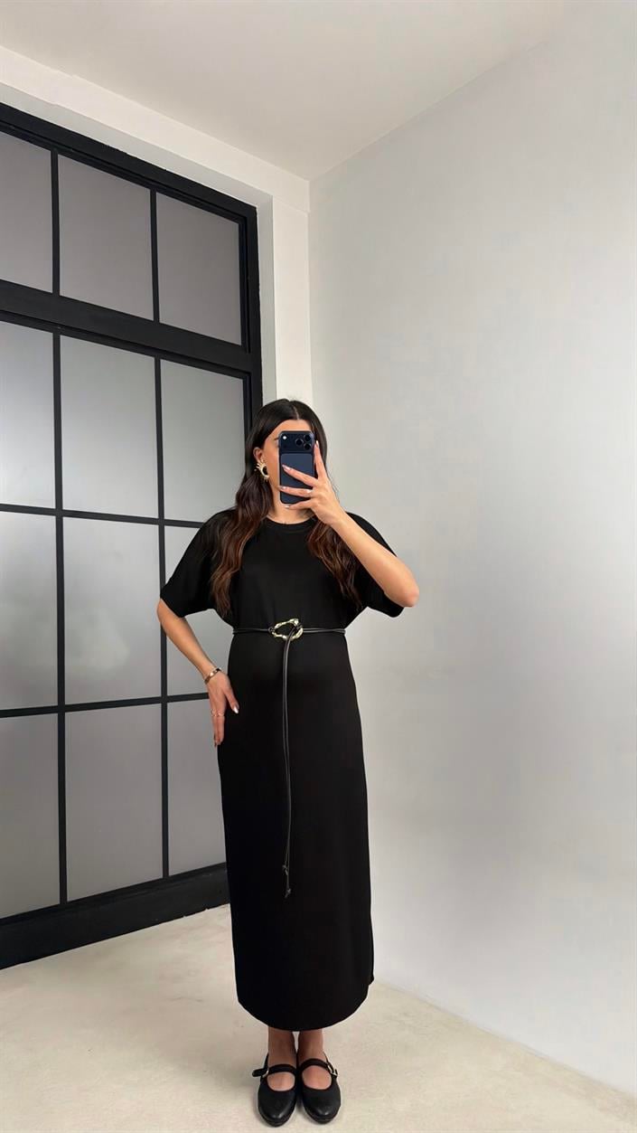 Siyah Kemerli Modal Kumaş Basic Elbise GAUS-01161