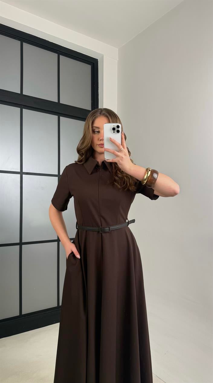 Acı Kahve İnce Kemerli Elbise GAUS-00991