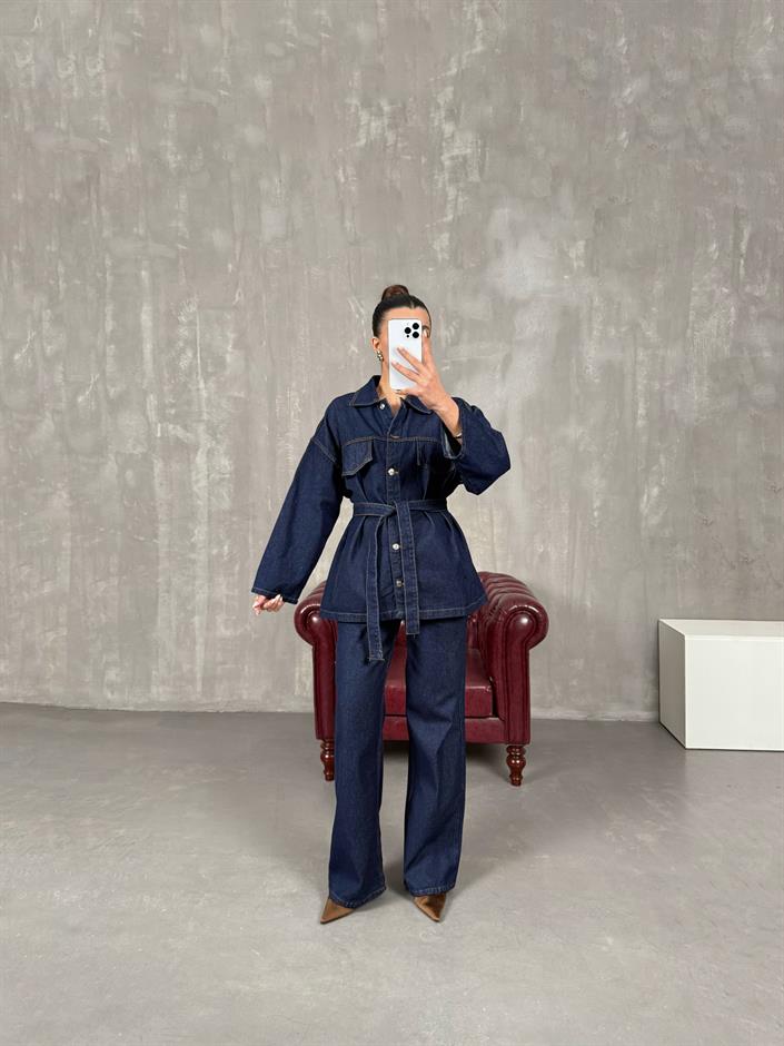 Mingo Lacivert Kuşaklı Tasarım Denim Takım