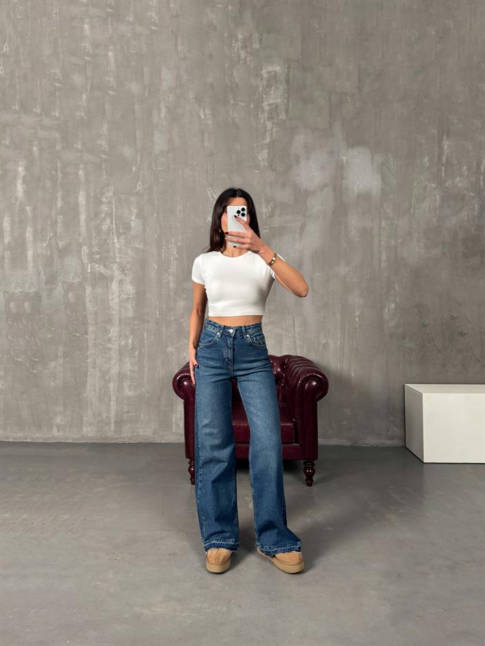 Chest Orta Mavi Paça Detaylı Wide Leg Jean
