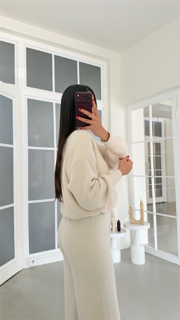 Krem Çift Fermuarlı Hırka Beli Lastikli Pantolon İkili Yumuşak Kumaş Premium Takım GAUS-02303