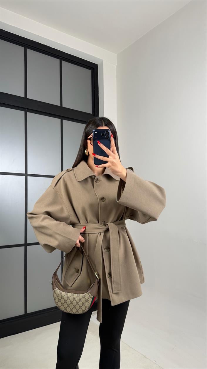 Haki Astarlı Kuşaklı Apolet Detaylı Trençkot GAUS-00978